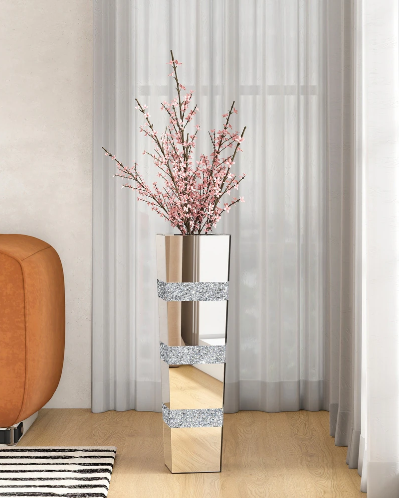 Mirrored Tall Floor Vase,  Large Crushed Diamond Floor Vase