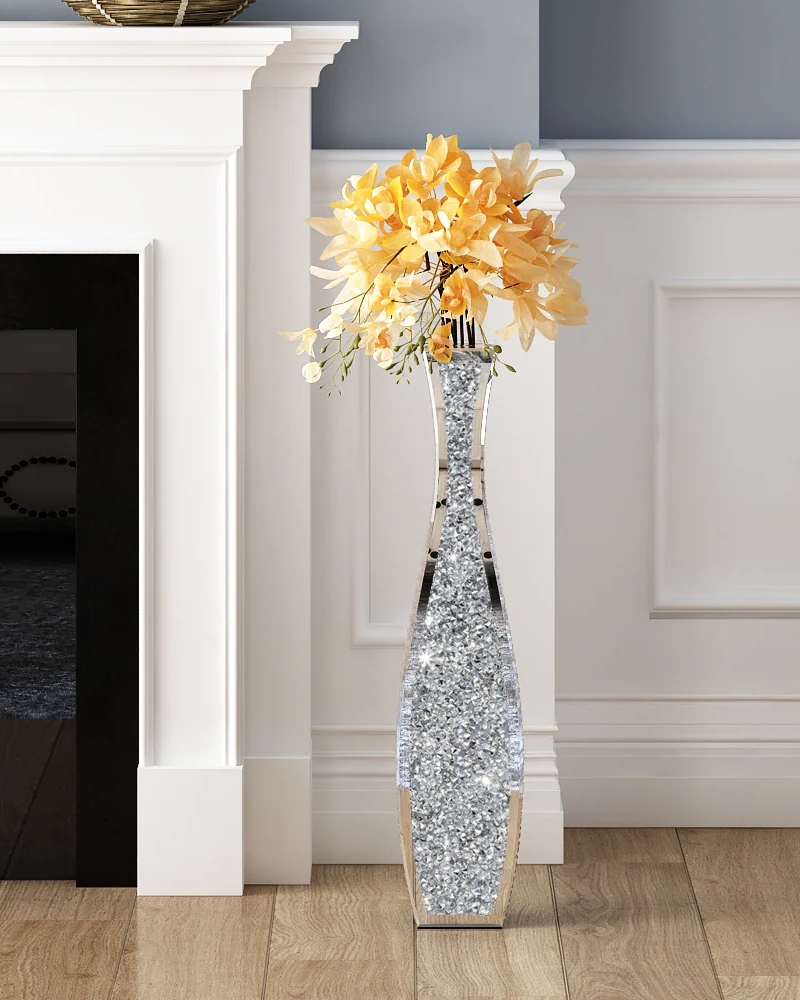 Crushed Diamond Floor Vase Silver Mirrored Tall Vases for Floor Large Crystal Decorative Glass Standing Vase