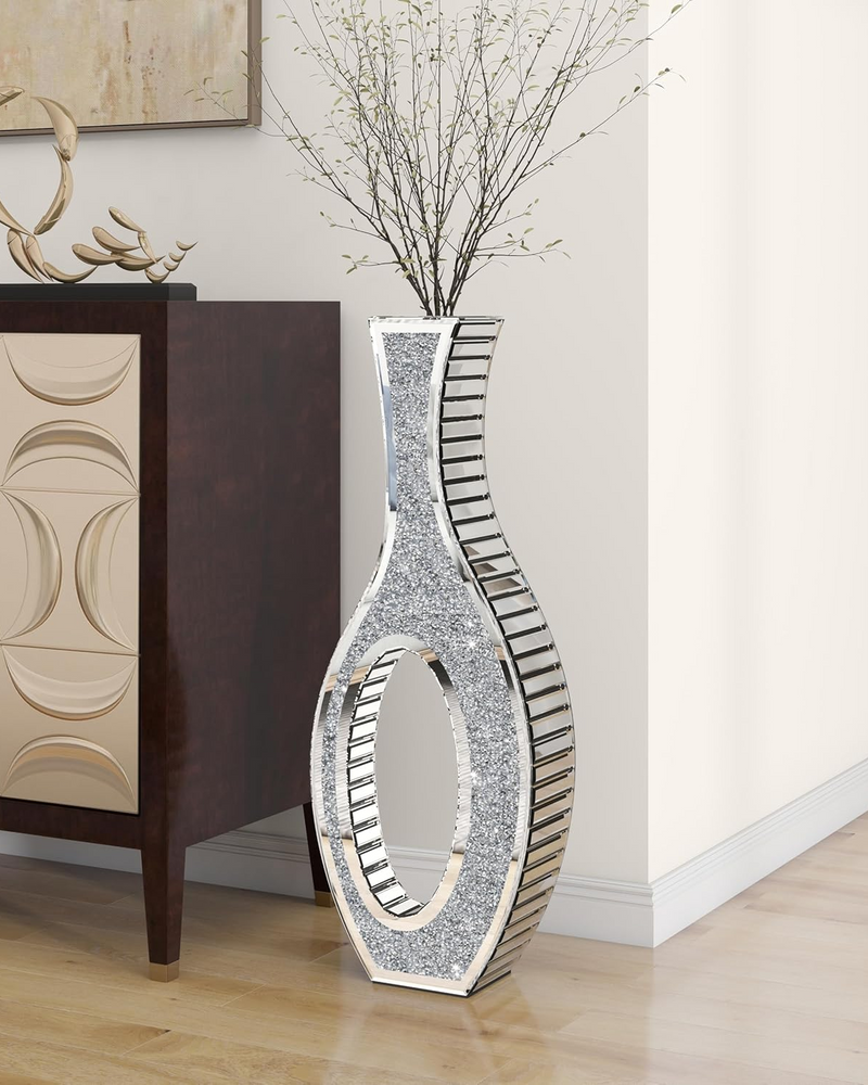 Modern Tall Crushed Diamond Floor Vase Silver Mirrored Tall Vases