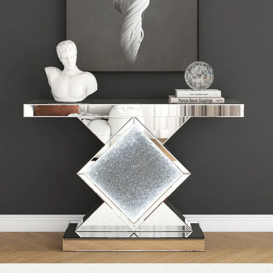 Elegant Mirrored Console Table with LED Lights and Diamond Inlay