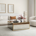 Mirrored Coffee Table, Rectangular Glass Dinning Table with Brushed Gold Frame