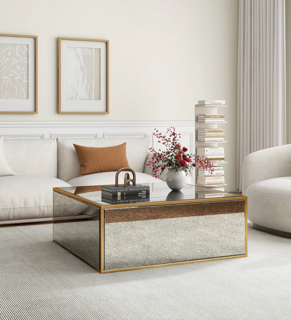 Mirrored Coffee Table, Rectangular Glass Dinning Table with Brushed Gold Frame