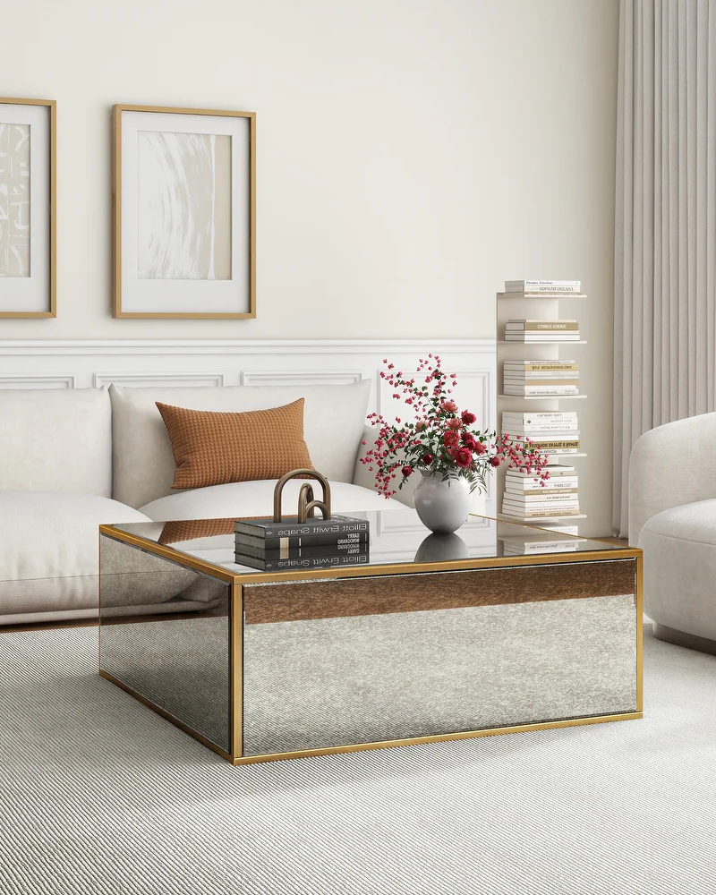 Mirrored Coffee Table, Rectangular Glass Dinning Table with Brushed Gold Frame