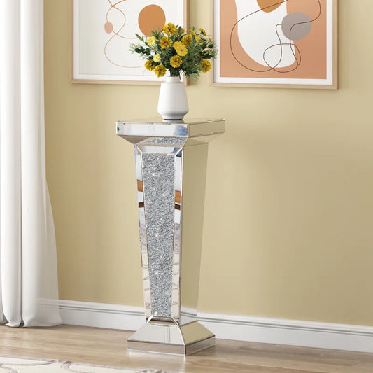 Tall Pedestal Mirrored Glass Top End Table
