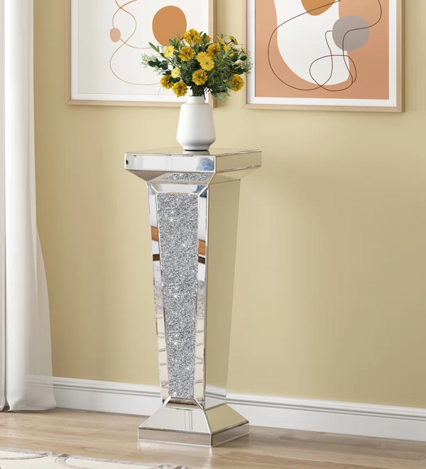 Tall Pedestal Mirrored Glass Top End Table