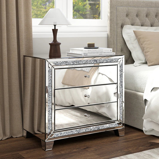 Glam Mirror Nightstand Bedside Table with 3 Drawer Chest - Diamond