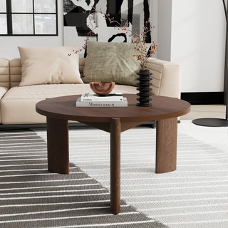 Modern Round Walnut Coffee Table with Asymmetrical Legs – Contemporary Wood Center Table for Living Room