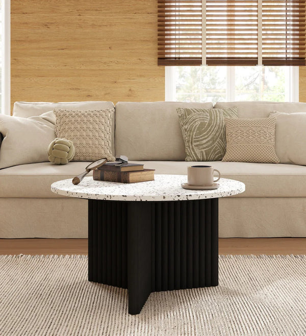 Modern Round Coffee Table with Ribbed Black Base – Minimalist Living Room Accent