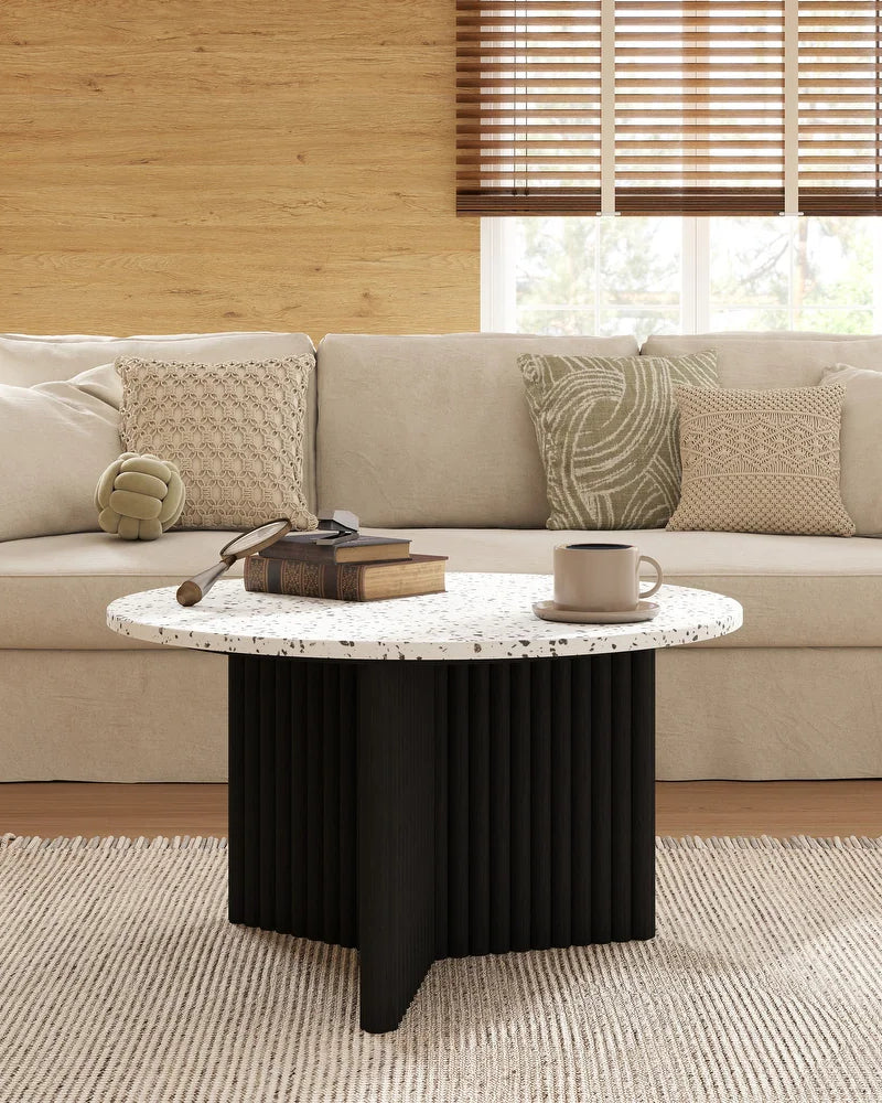 Modern Round Coffee Table with Ribbed Black Base – Minimalist Living Room Accent