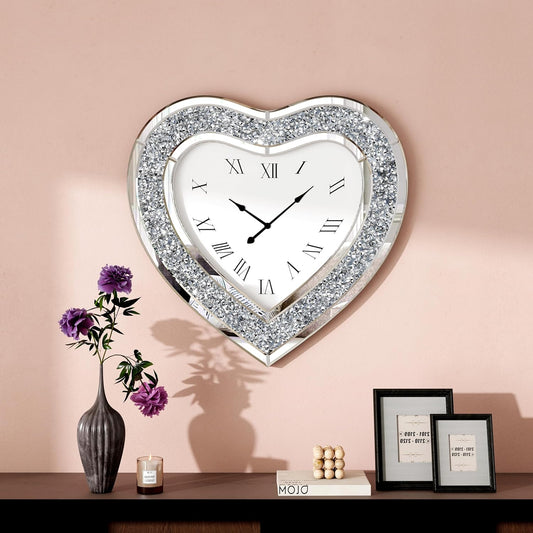 SHYFOY Deorative Wall Clock, 24 inch Heart-Shaped Mirror Wall Clock, Crushed Diamond Non-Ticking Wall Clocks for Bedroom