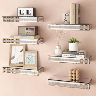 SHYFOY Mirrored Floating Shelves Wall Mounted Set of 6, Glitter Glass Mirror Storage Wall Shelves