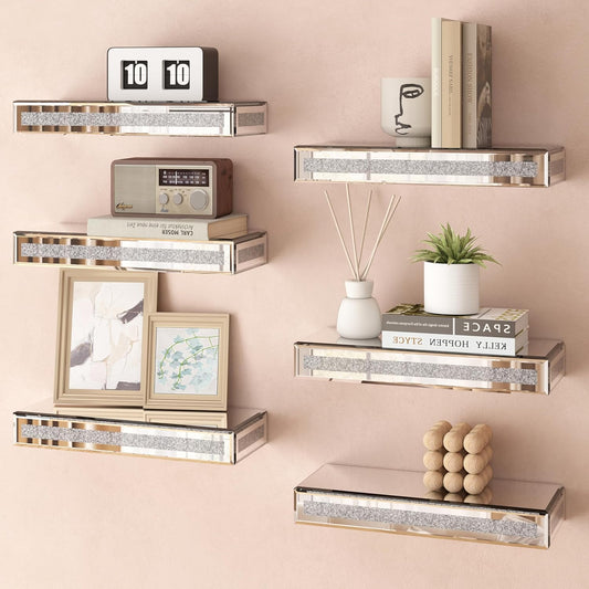 SHYFOY Mirrored Floating Shelves Wall Mounted Set of 6, Glitter Glass Mirror Storage Wall Shelves