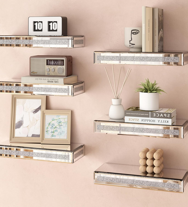 Mirrored Floating Shelves Wall Mounted Set of 6, Glitter Glass Mirror Storage Wall Shelves