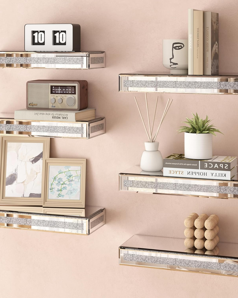 Mirrored Floating Shelves Wall Mounted Set of 6, Glitter Glass Mirror Storage Wall Shelves