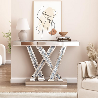 Modern Console Table Mirrored Finished, Glam Style W Silver Entryway Table Inlay with Sparkly Crushed Crystals, 35 inches Contemporary Accent Table