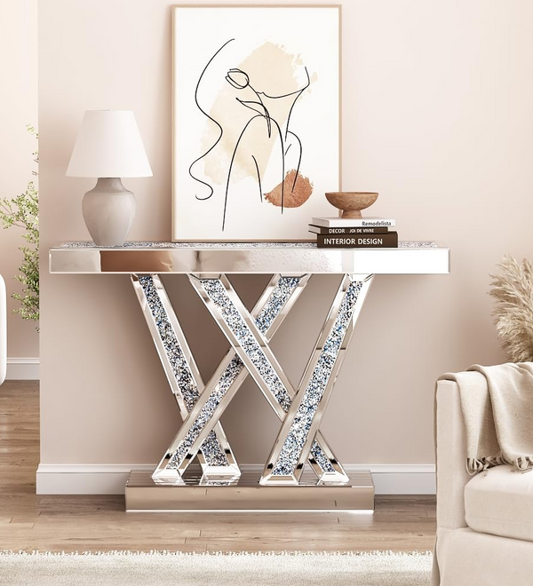 Modern Console Table Mirrored Finished, Glam Style W Silver Entryway Table