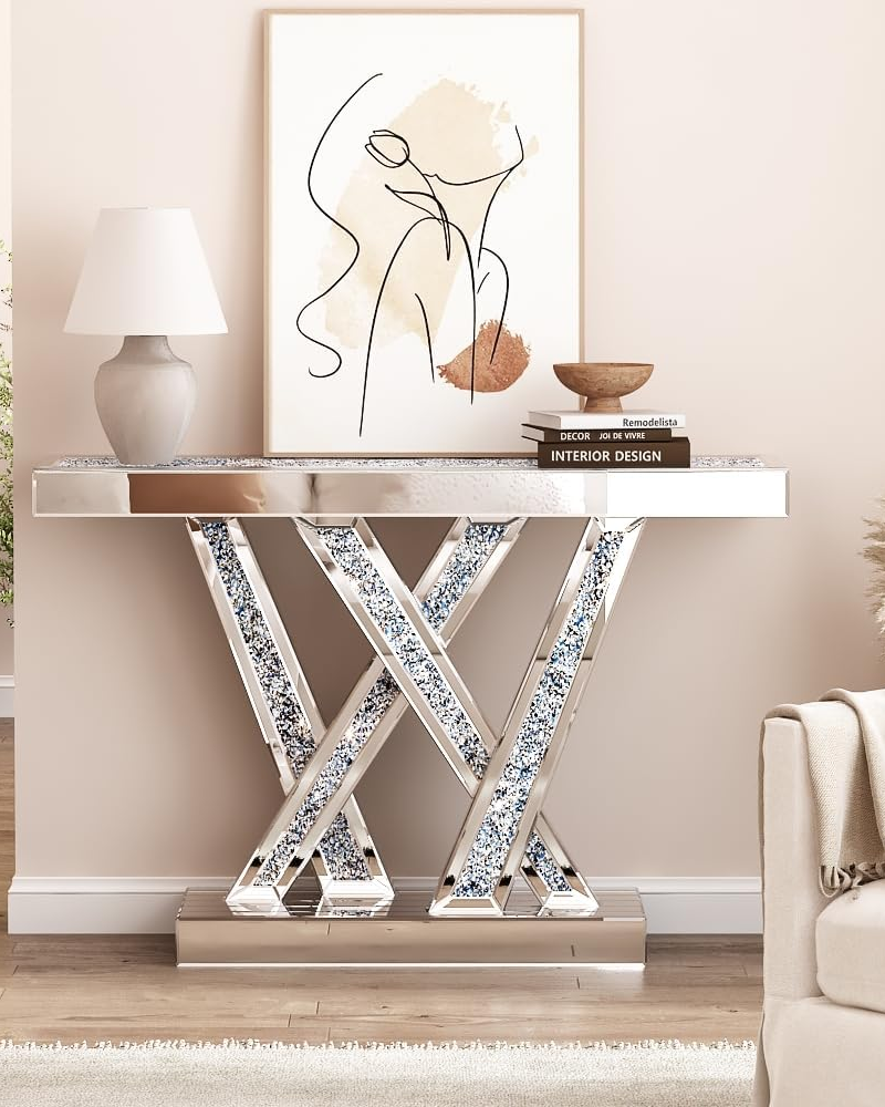Modern Console Table Mirrored Finished, Glam Style W Silver Entryway Table