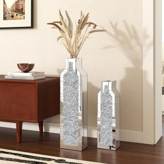 18"& 24" Floor Vase Crushed Diamond Mirrored Vase for Decor Living Room Floor - Modern Crystal Decorative Mirror Silver Floor Vase for Dried Flower. Can’t Hold Water.