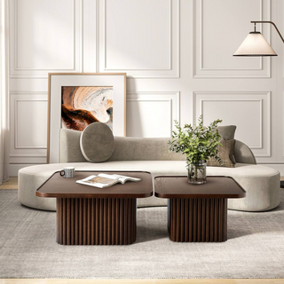 Square Wood Pedestal Coffee Table with Fluted Base