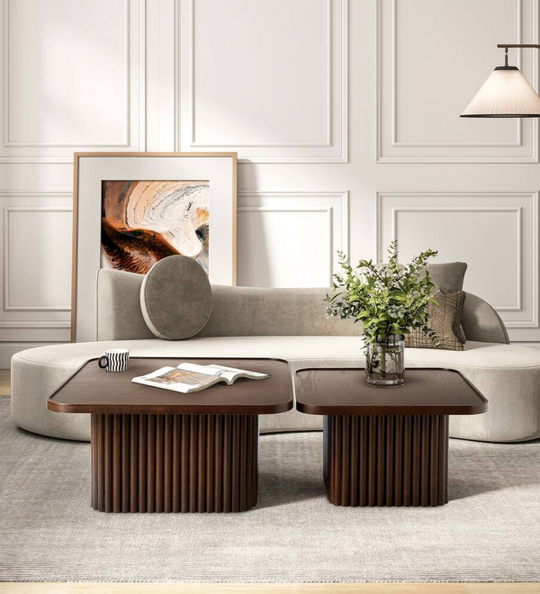 Square Wood Pedestal Coffee Table with Fluted Base