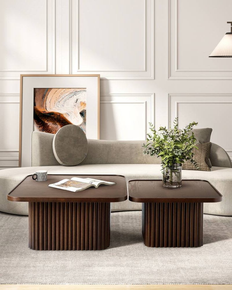 Square Wood Pedestal Coffee Table with Fluted Base