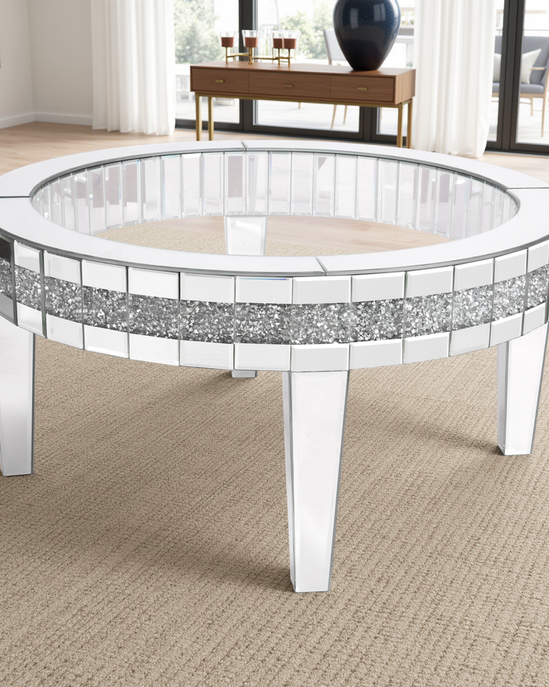 Round Glass Top Silver Accent Table Decor With Crushed Diamond Coffee Table