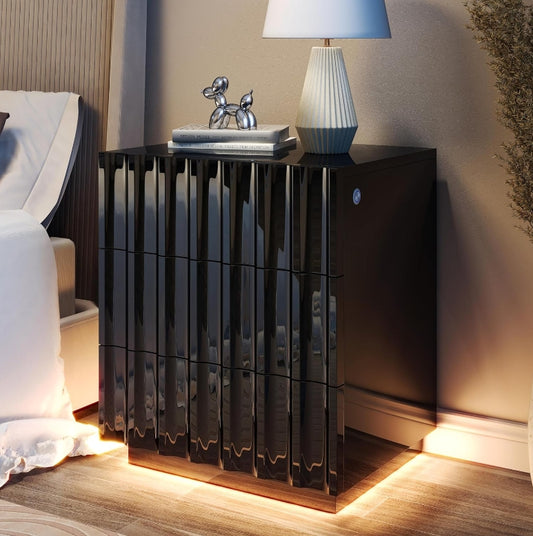 Nightstand with LED Lights Black Night Stand with 3 Drawers Modern End Side Table mesa de Noche para dormitorio Bedroom Decor