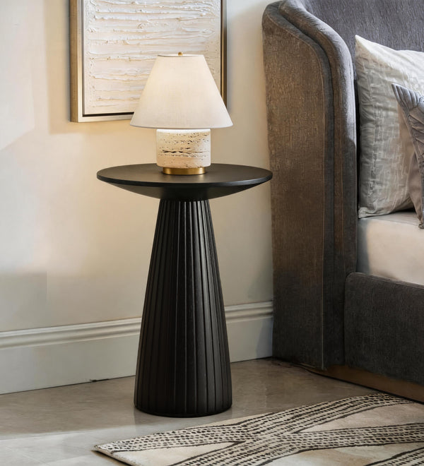 Round Black Side Table End Table with Pedestal Fluted Base