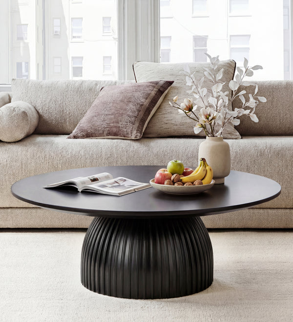 Classical Black Round Coffee Table Solid Wood Base