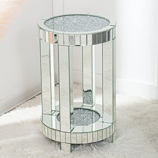 SHYFOY Mirrored End Table with Crystal Inlay, Round Modern Side Table Silver Accent Table