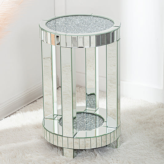 Mirrored End Table with Crystal Inlay, Round Modern Side Table Silver Accent Table