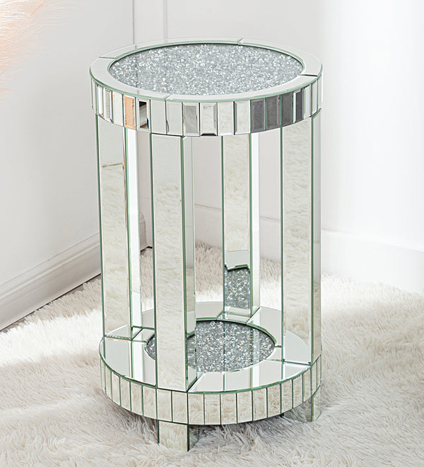 Mirrored End Table with Crystal Inlay, Round Modern Side Table Silver Accent Table