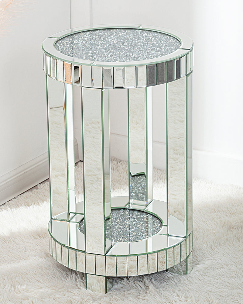 Mirrored End Table with Crystal Inlay, Round Modern Side Table Silver Accent Table
