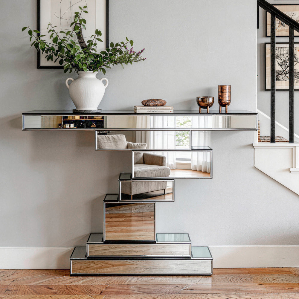 Modern Mirrored Tiered Console Table Entryway Table