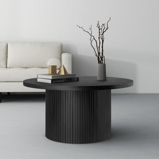 Black Round Coffee Table with Solid Wood Circle Pedestal Table