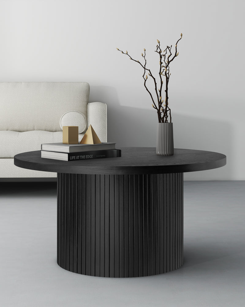 Black Round Coffee Table with Solid Wood Circle Pedestal Table