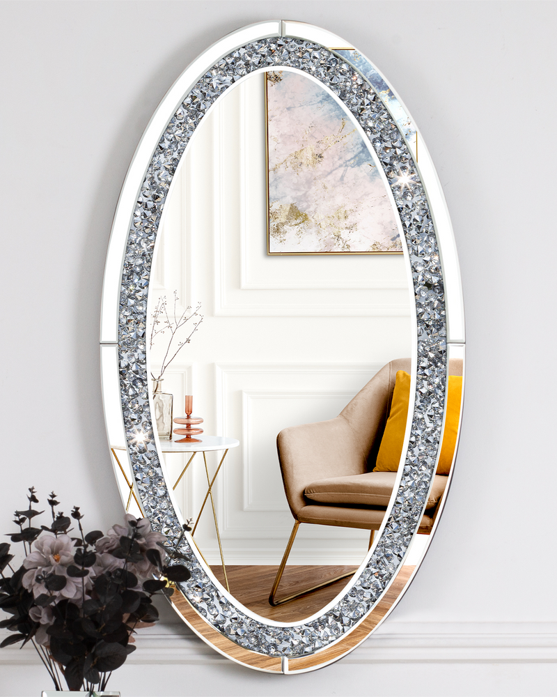 Oval Wall Mirror , Frameless Crystal Accent Mirror with Crushed Diamond Border