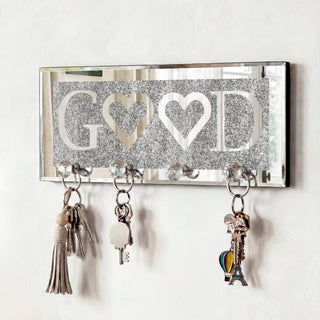 GOOD Mirrored Key Holder with Crystal Hooks, Sparkly Silver Mirror Wall Decor