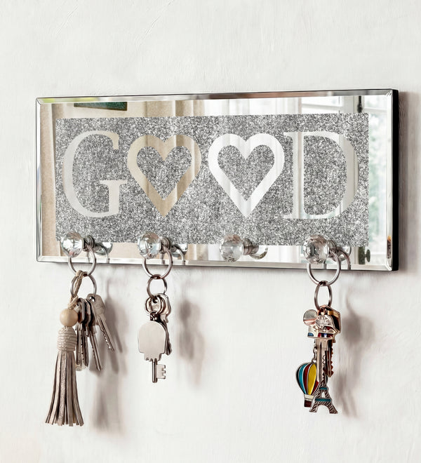 GOOD Mirrored Key Holder with Crystal Hooks, Sparkly Silver Mirror Wall Decor