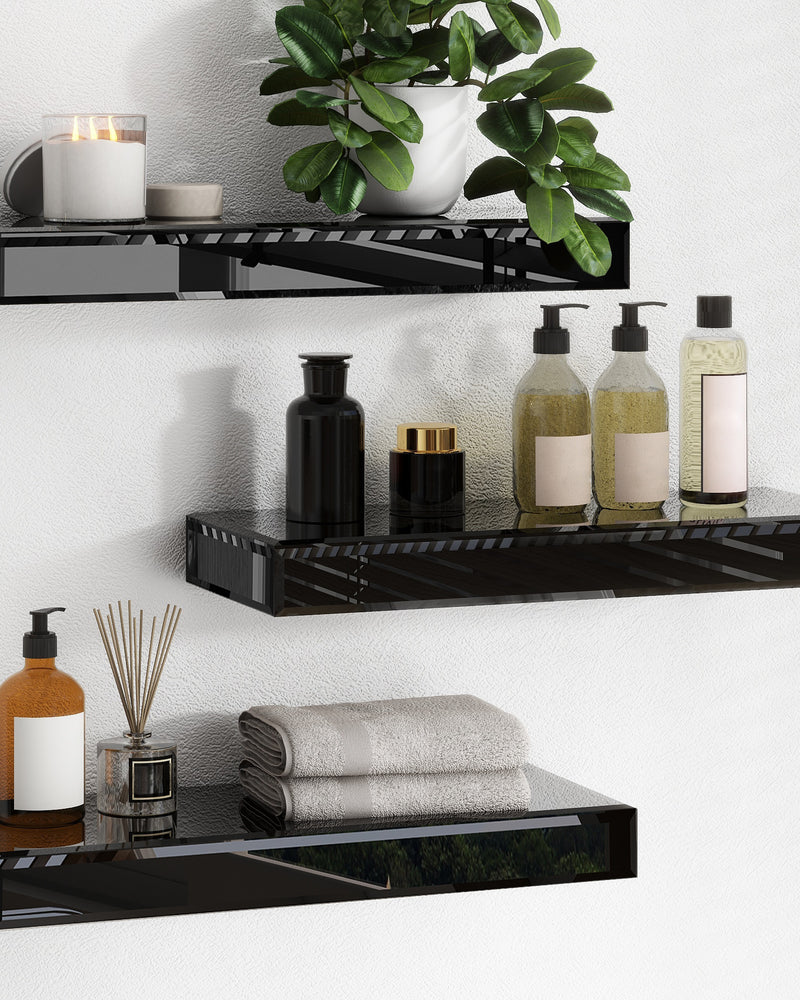 Black Set of 3 Mirrored Glass Floating Shelves