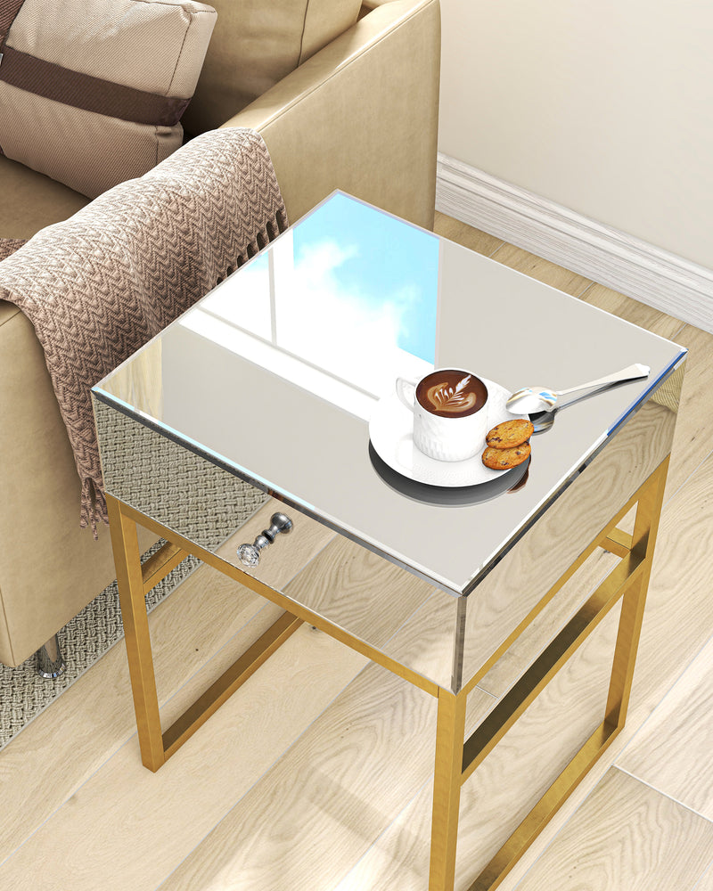 Mirrored Side Table Gold Legs Rectangle Accent End Table with Drawer