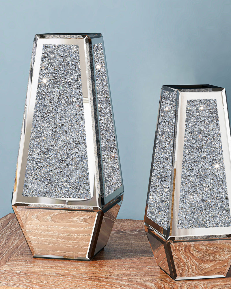 Crushed Diamond Mirrored Vases Set of 2, Silver Glass Flower Vases