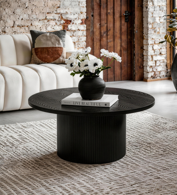 Black Round Coffee Table with Solid Wood Circle Pedestal Table