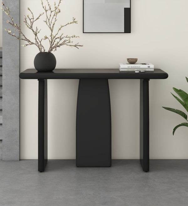 Black Modern Console Table with 3 Legs, Natural Wood Grain Entryway Table