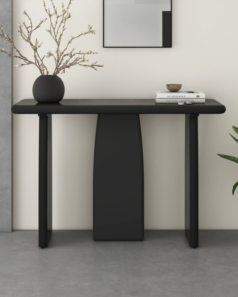 Black Modern Console Table with 3 Legs, Natural Wood Grain Entryway Table