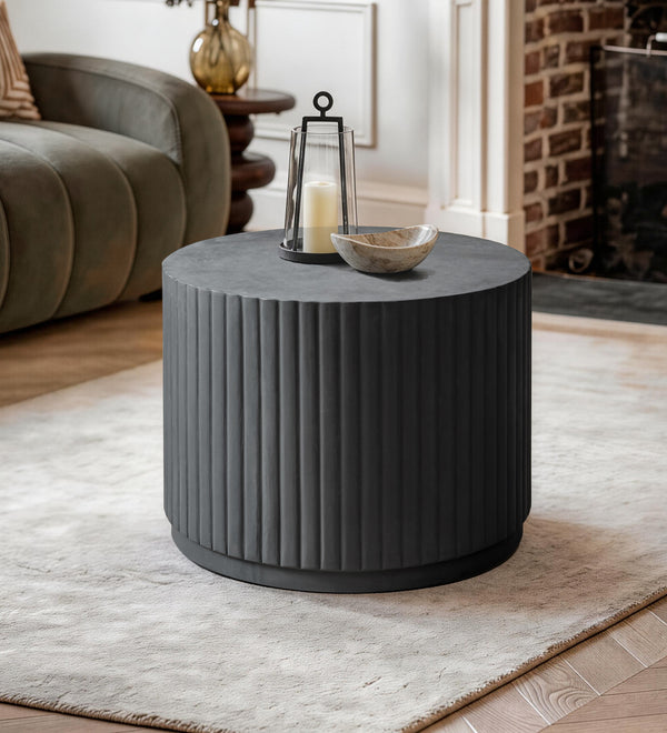 Black Modern Round Fluted Drum Magnesium Oxide End Table