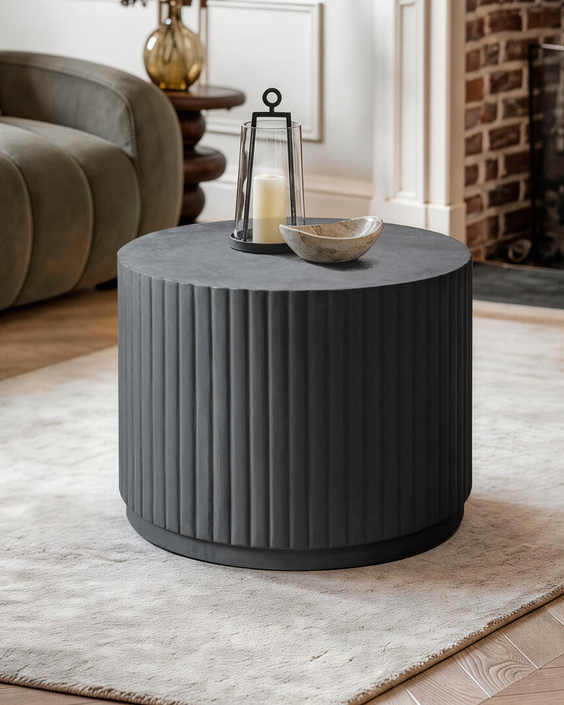 Black Modern Round Fluted Drum Magnesium Oxide End Table