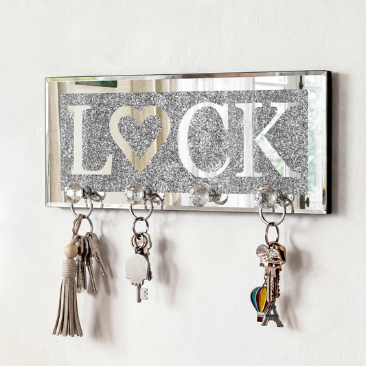 Mirrored LOCK Key Holder with Crystal Hooks, Sparkly Silver Mirror Wall Decor