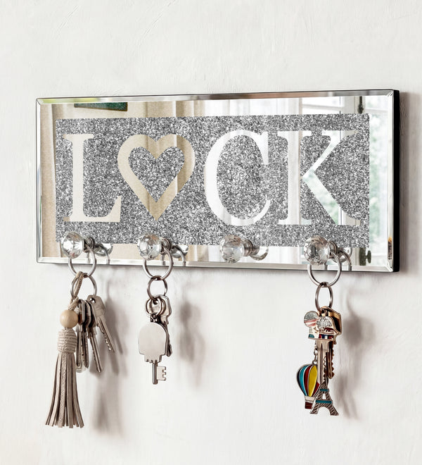 Mirrored LOCK Key Holder with Crystal Hooks, Sparkly Silver Mirror Wall Decor