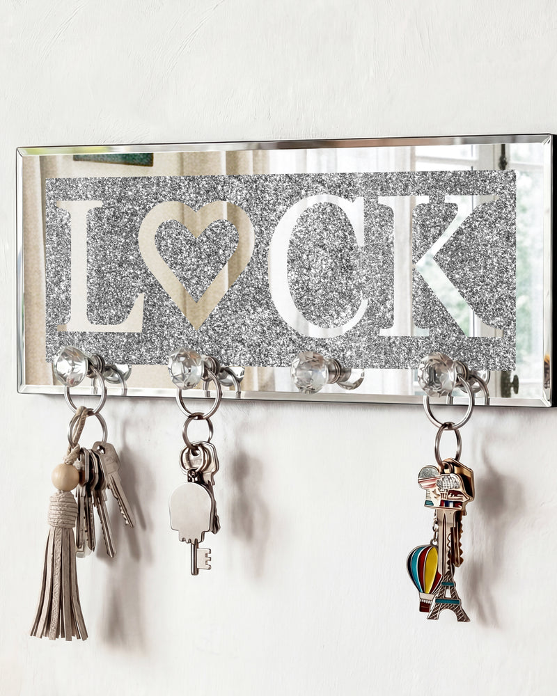 Mirrored LOCK Key Holder with Crystal Hooks, Sparkly Silver Mirror Wall Decor